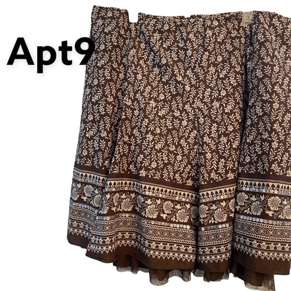 Apt 9 Boho Floral Ruffle Cotton Swing Skirt Brown sz 16